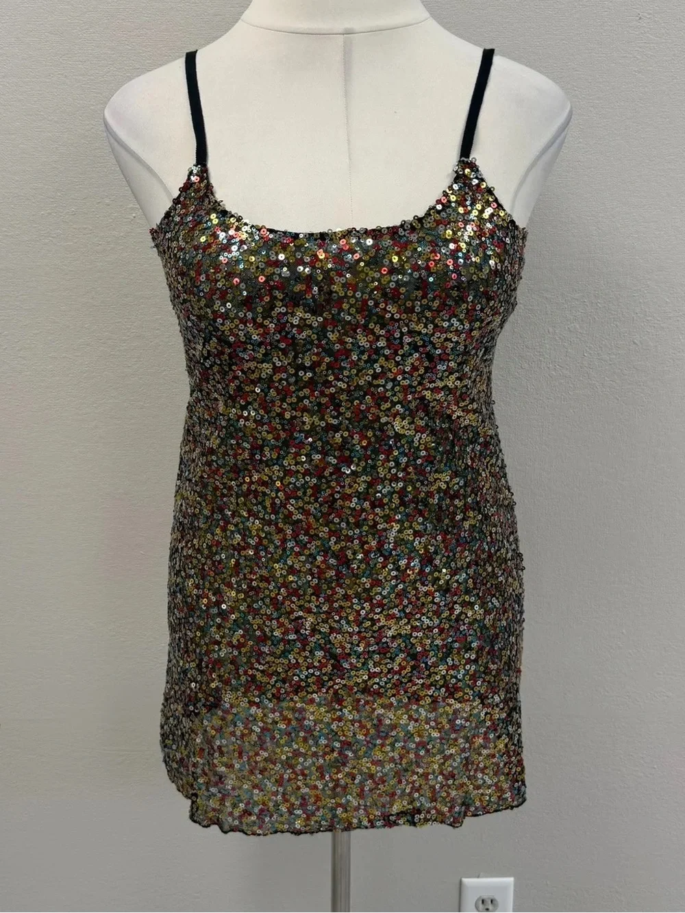 Free People Intimately Black Rainbow Sequin Mini Slip Dress - New - Size Large